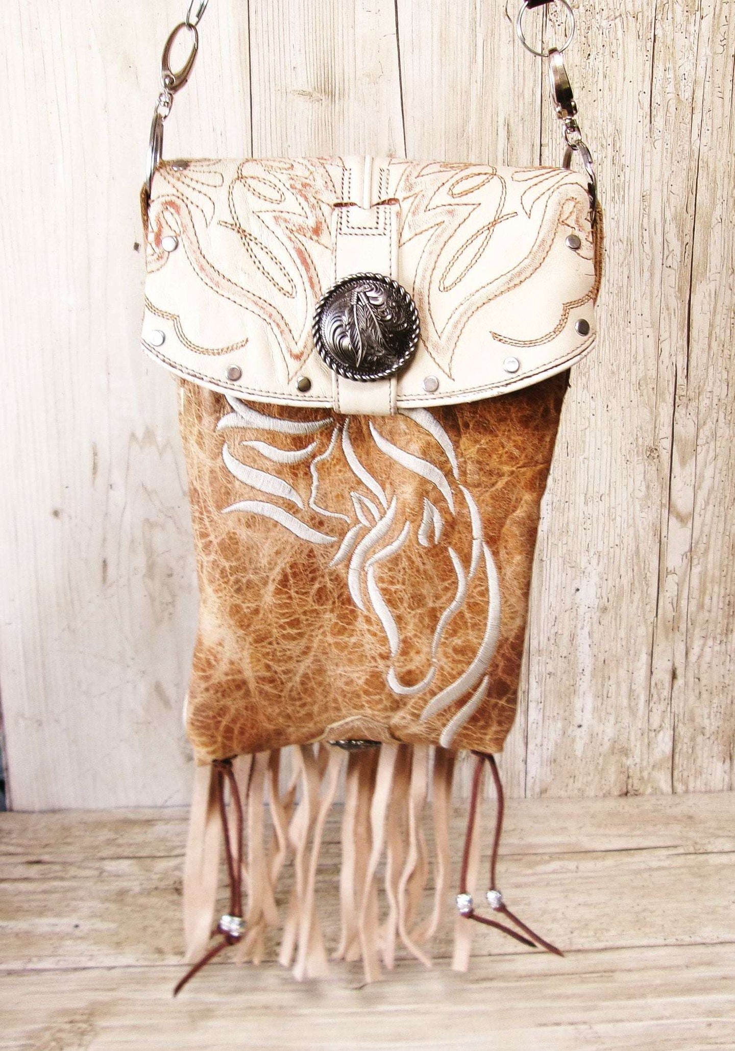 Cowboy Boot Crossbody Hipster Bag with Fringe HP1137 handcrafted from cowboy boots. Shop Handbags at ChrisThompsonBags.com and buy the best ["Crossbody","fringe","Hipster","horses","Small"] at Chris Thompson Bags.