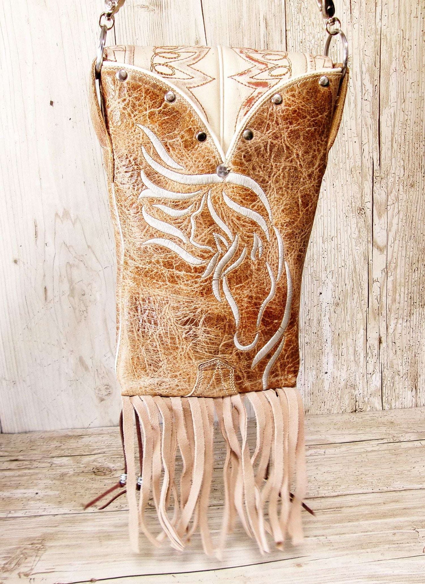Cowboy Boot Crossbody Hipster Bag with Fringe HP1137 handcrafted from cowboy boots. Shop Handbags at ChrisThompsonBags.com and buy the best ["Crossbody","fringe","Hipster","horses","Small"] at Chris Thompson Bags.