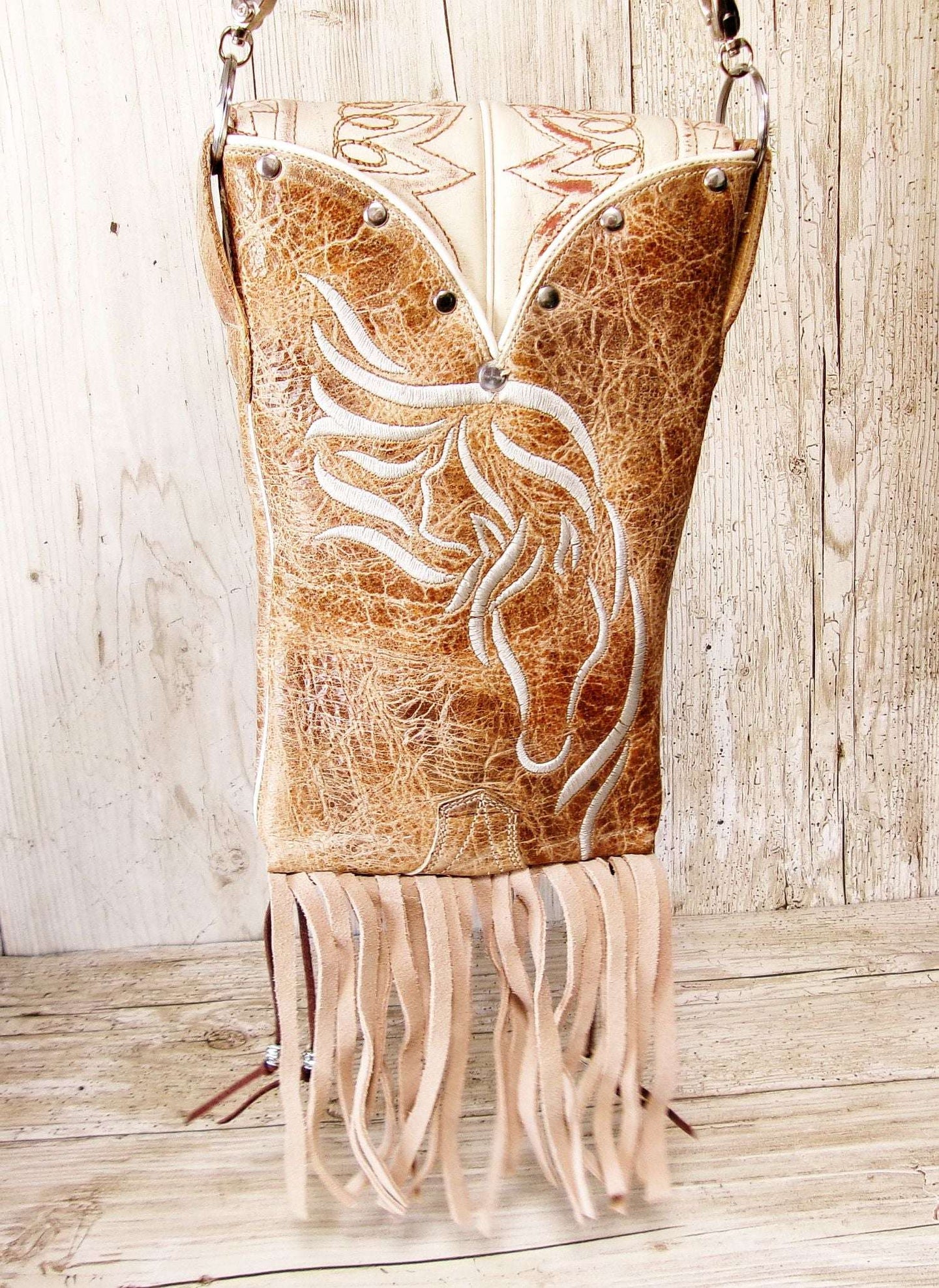 Cowboy Boot Crossbody Hipster Bag with Fringe HP1137 handcrafted from cowboy boots. Shop Handbags at ChrisThompsonBags.com and buy the best ["Crossbody","fringe","Hipster","horses","Small"] at Chris Thompson Bags.