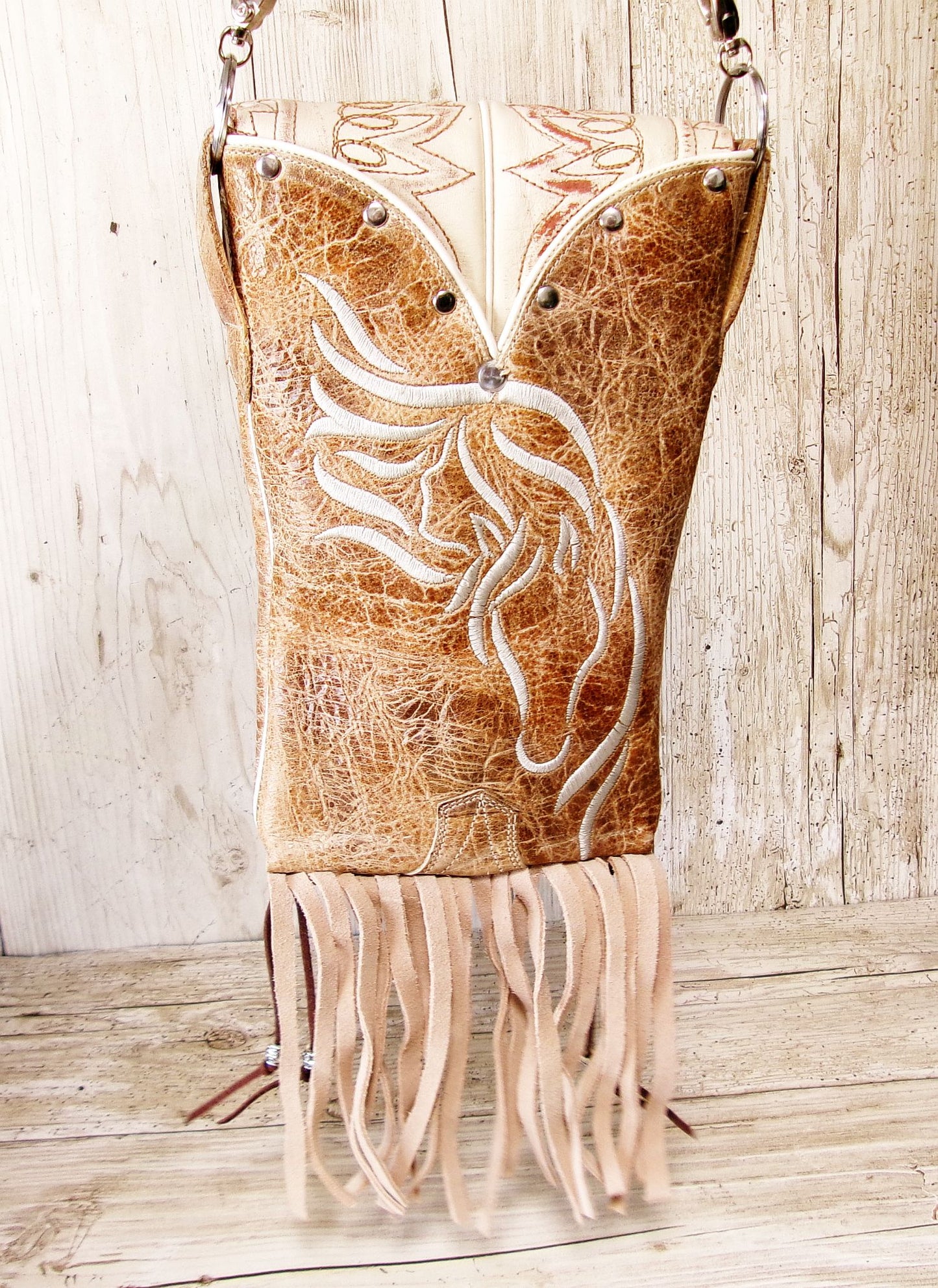 Cowboy Boot Crossbody Hipster Bag with Fringe HP1137 handcrafted from cowboy boots. Shop Handbags at ChrisThompsonBags.com and buy the best ["Crossbody","fringe","Hipster","horses","Small"] at Chris Thompson Bags.