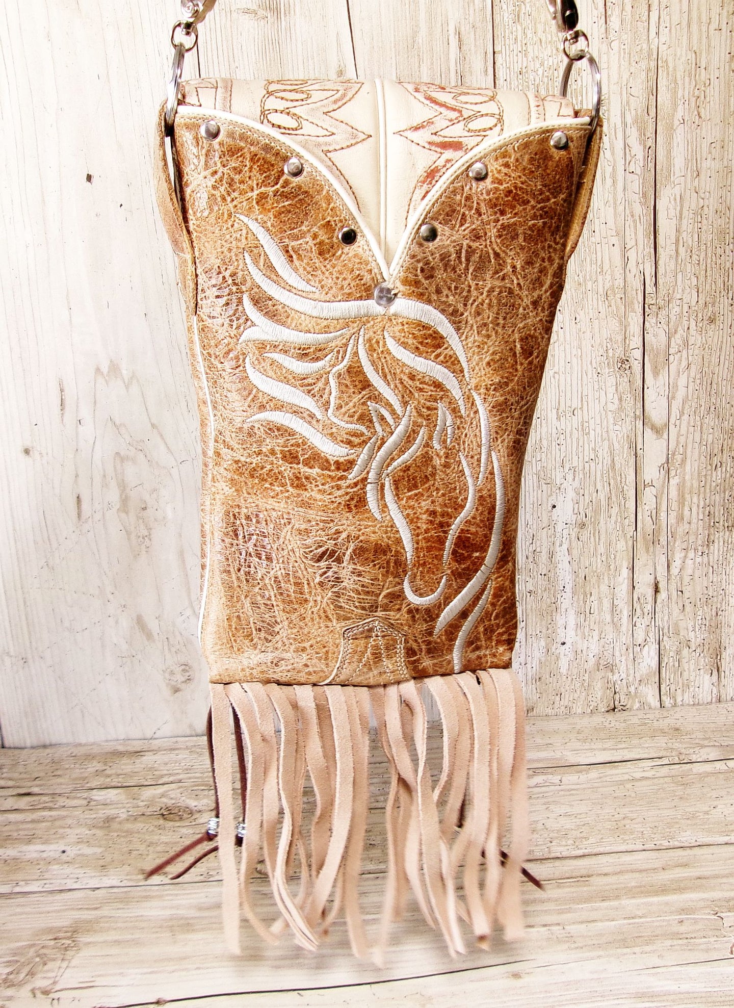Cowboy Boot Crossbody Hipster Bag with Fringe HP1137 handcrafted from cowboy boots. Shop Handbags at ChrisThompsonBags.com and buy the best ["Crossbody","fringe","Hipster","horses","Small"] at Chris Thompson Bags.