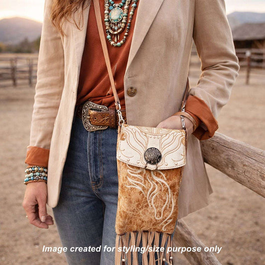 Cowboy Boot Crossbody Hipster Bag with Fringe HP1137 handcrafted from cowboy boots. Shop Handbags at ChrisThompsonBags.com and buy the best ["Crossbody","fringe","Hipster","horses","Small"] at Chris Thompson Bags.