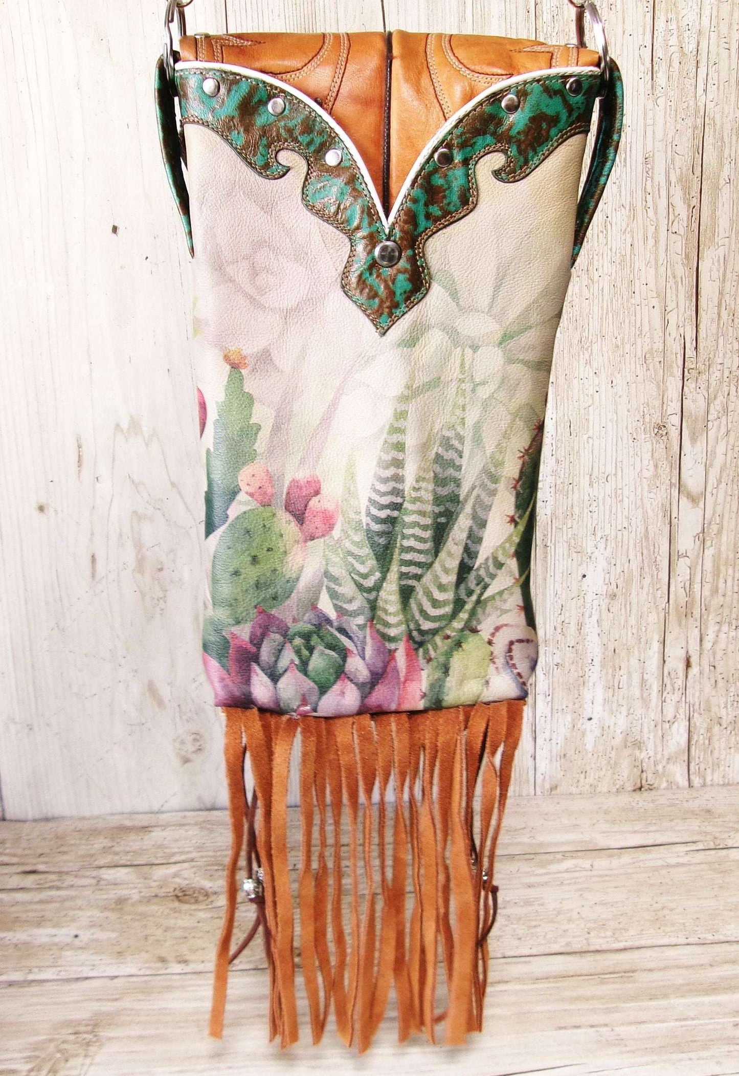 Cowboy Boot Crossbody Hipster Bag with Fringe HP1139 handcrafted from cowboy boots. Shop Handbags at ChrisThompsonBags.com and buy the best ["cactus","Crossbody","fringe","Hipster","Small","Turquoise"] at Chris Thompson Bags.