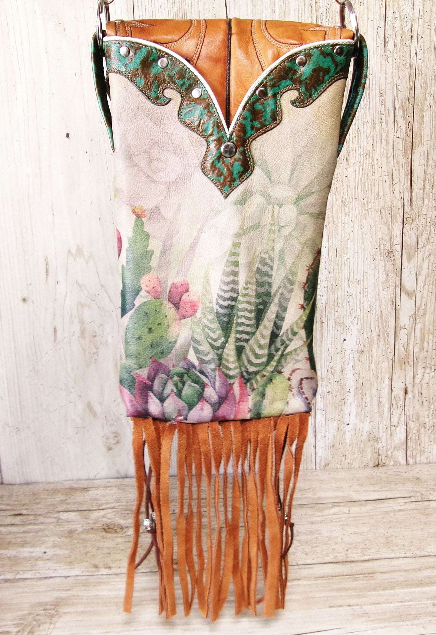 Cowboy Boot Crossbody Hipster Bag with Fringe HP1139 handcrafted from cowboy boots. Shop Handbags at ChrisThompsonBags.com and buy the best ["cactus","Crossbody","fringe","Hipster","Small","Turquoise"] at Chris Thompson Bags.