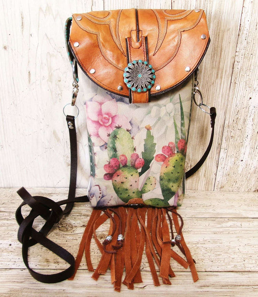 Cowboy Boot Crossbody Hipster Bag with Fringe HP1139 handcrafted from cowboy boots. Shop Handbags at ChrisThompsonBags.com and buy the best ["cactus","Crossbody","fringe","Hipster","Small","Turquoise"] at Chris Thompson Bags.