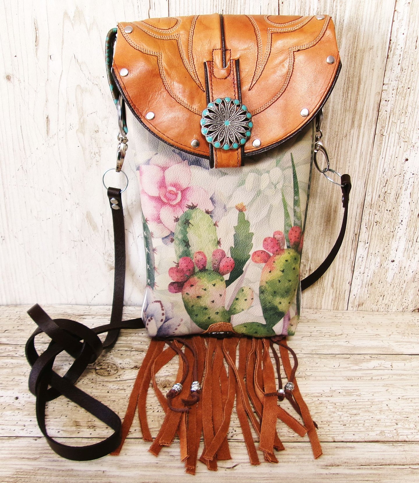 Cowboy Boot Crossbody Hipster Bag with Fringe HP1139 handcrafted from cowboy boots. Shop Handbags at ChrisThompsonBags.com and buy the best ["cactus","Crossbody","fringe","Hipster","Small","Turquoise"] at Chris Thompson Bags.