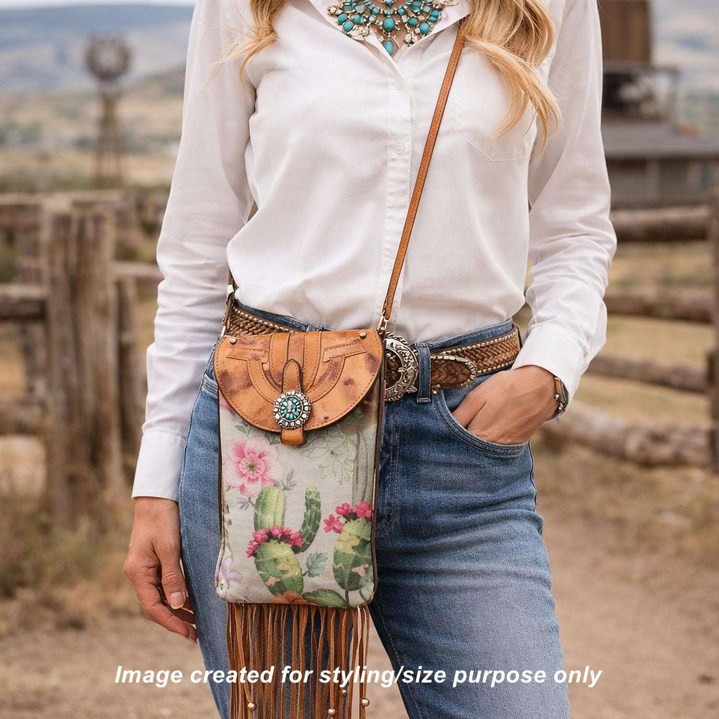 Cowboy Boot Crossbody Hipster Bag with Fringe HP1139 handcrafted from cowboy boots. Shop Handbags at ChrisThompsonBags.com and buy the best ["cactus","Crossbody","fringe","Hipster","Small","Turquoise"] at Chris Thompson Bags.