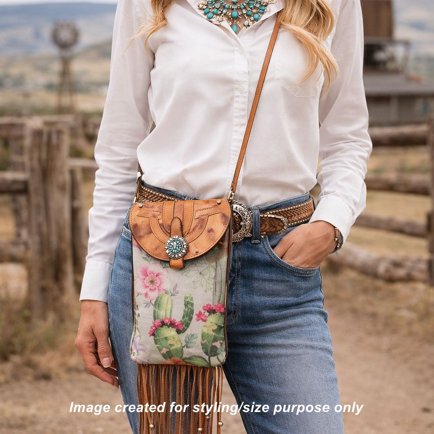 Cowboy Boot Crossbody Hipster Bag with Fringe HP1139 handcrafted from cowboy boots. Shop Handbags at ChrisThompsonBags.com and buy the best ["cactus","Crossbody","fringe","Hipster","Small","Turquoise"] at Chris Thompson Bags.