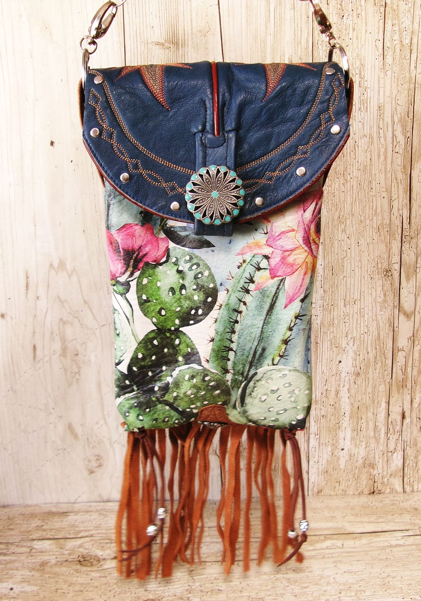 Cowboy Boot Crossbody Hipster Bag with Fringe HP1141 handcrafted from cowboy boots. Shop Handbags at ChrisThompsonBags.com and buy the best ["cactus","Crossbody","fringe","Hipster","Small"] at Chris Thompson Bags.