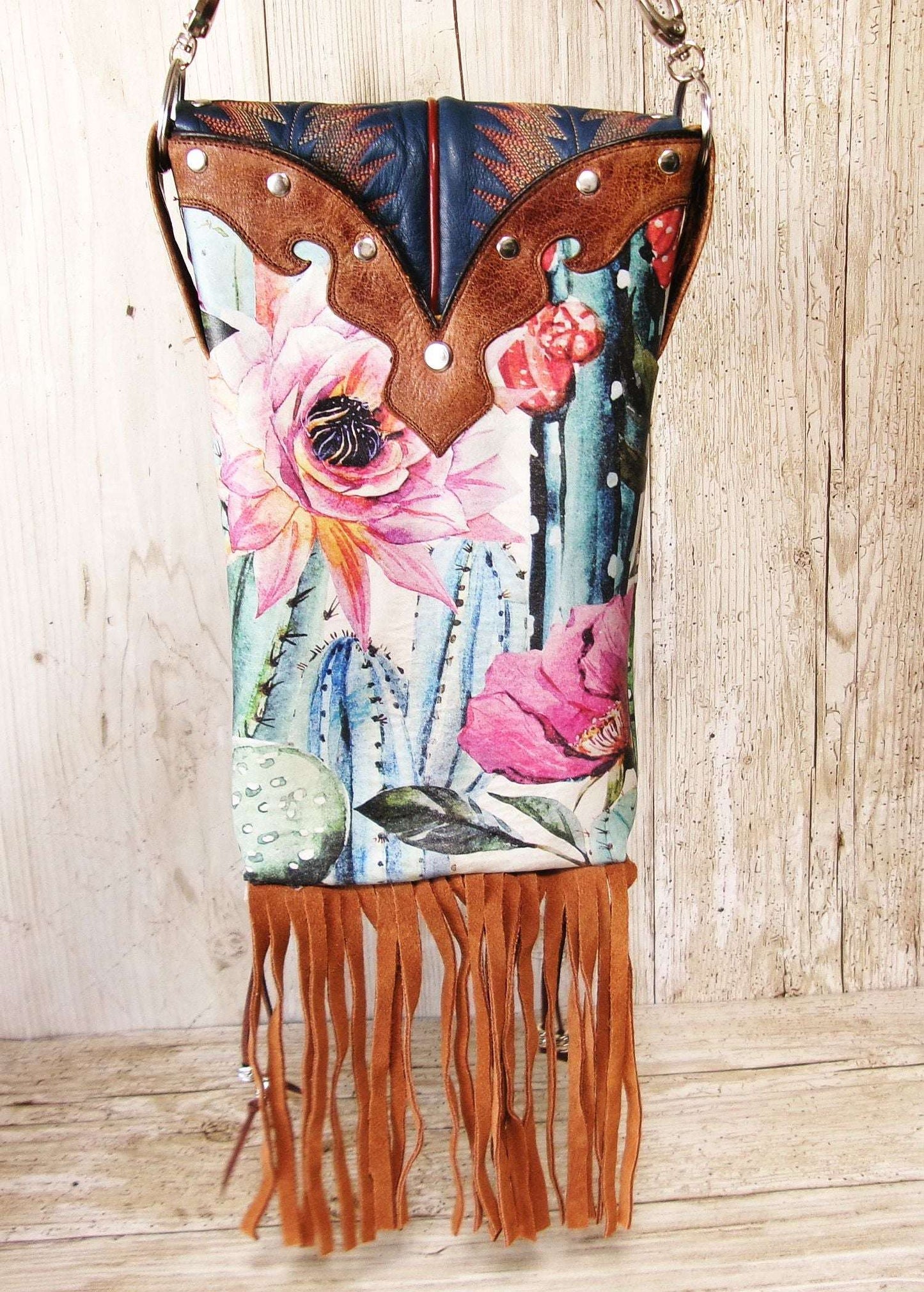 Cowboy Boot Crossbody Hipster Bag with Fringe HP1141 handcrafted from cowboy boots. Shop Handbags at ChrisThompsonBags.com and buy the best ["cactus","Crossbody","fringe","Hipster","Small"] at Chris Thompson Bags.