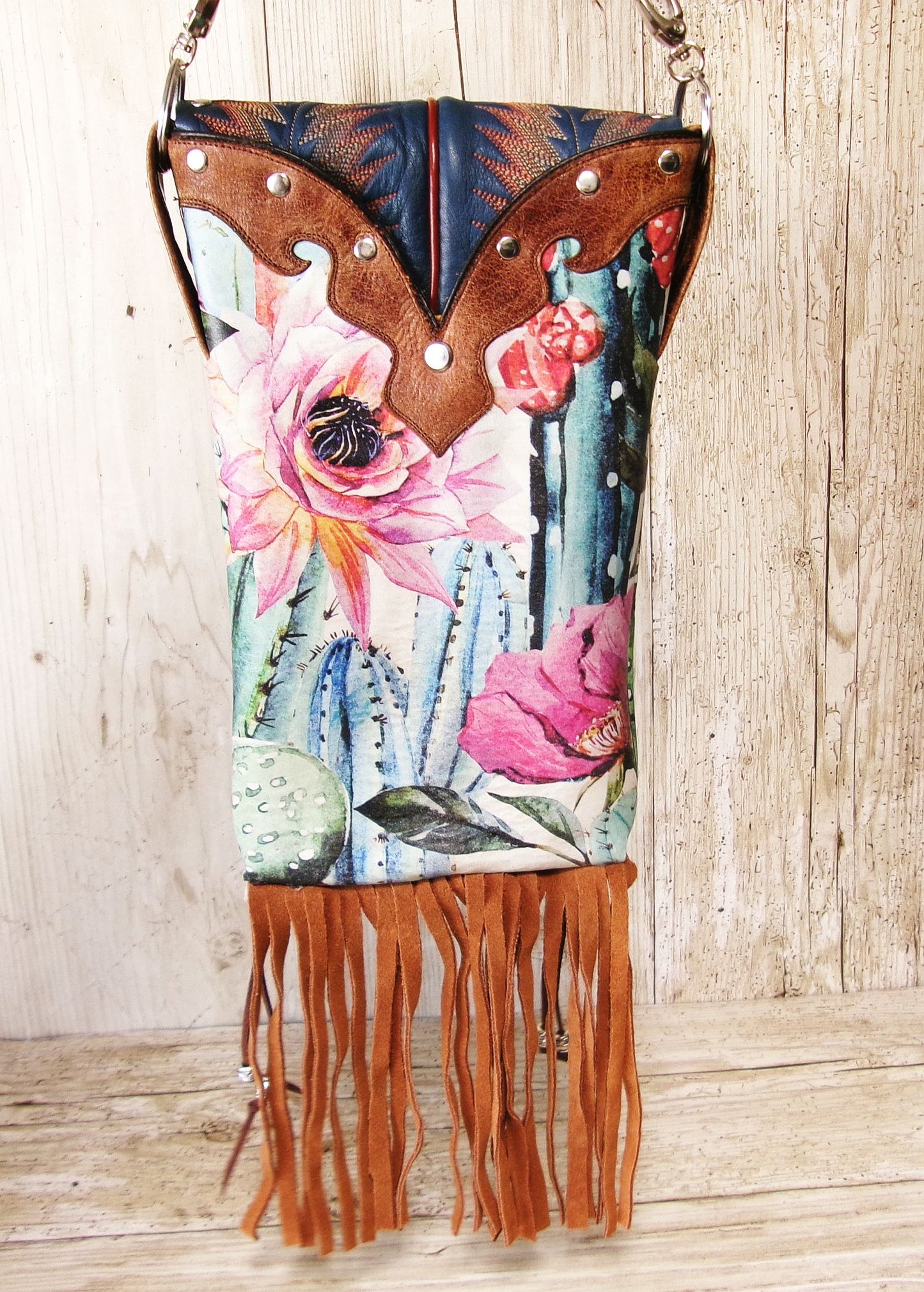 Cowboy Boot Crossbody Hipster Bag with Fringe HP1141 handcrafted from cowboy boots. Shop Handbags at ChrisThompsonBags.com and buy the best ["cactus","Crossbody","fringe","Hipster","Small"] at Chris Thompson Bags.