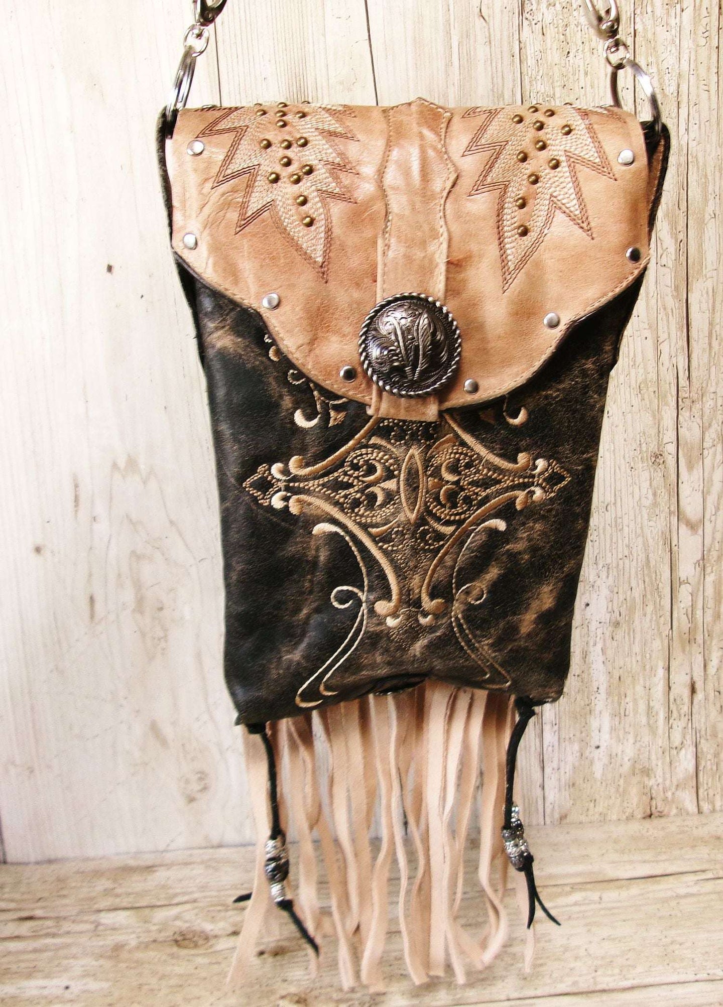 Cowboy Boot Crossbody Hipster Bag with Fringe HP1142 handcrafted from cowboy boots. Shop Handbags at ChrisThompsonBags.com and buy the best ["Crossbody","feathers","fringe","Hipster","Small"] at Chris Thompson Bags.
