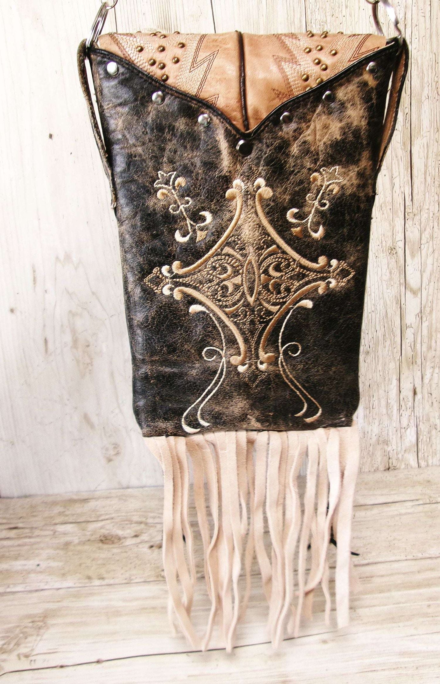 Cowboy Boot Crossbody Hipster Bag with Fringe HP1142 handcrafted from cowboy boots. Shop Handbags at ChrisThompsonBags.com and buy the best ["Crossbody","feathers","fringe","Hipster","Small"] at Chris Thompson Bags.