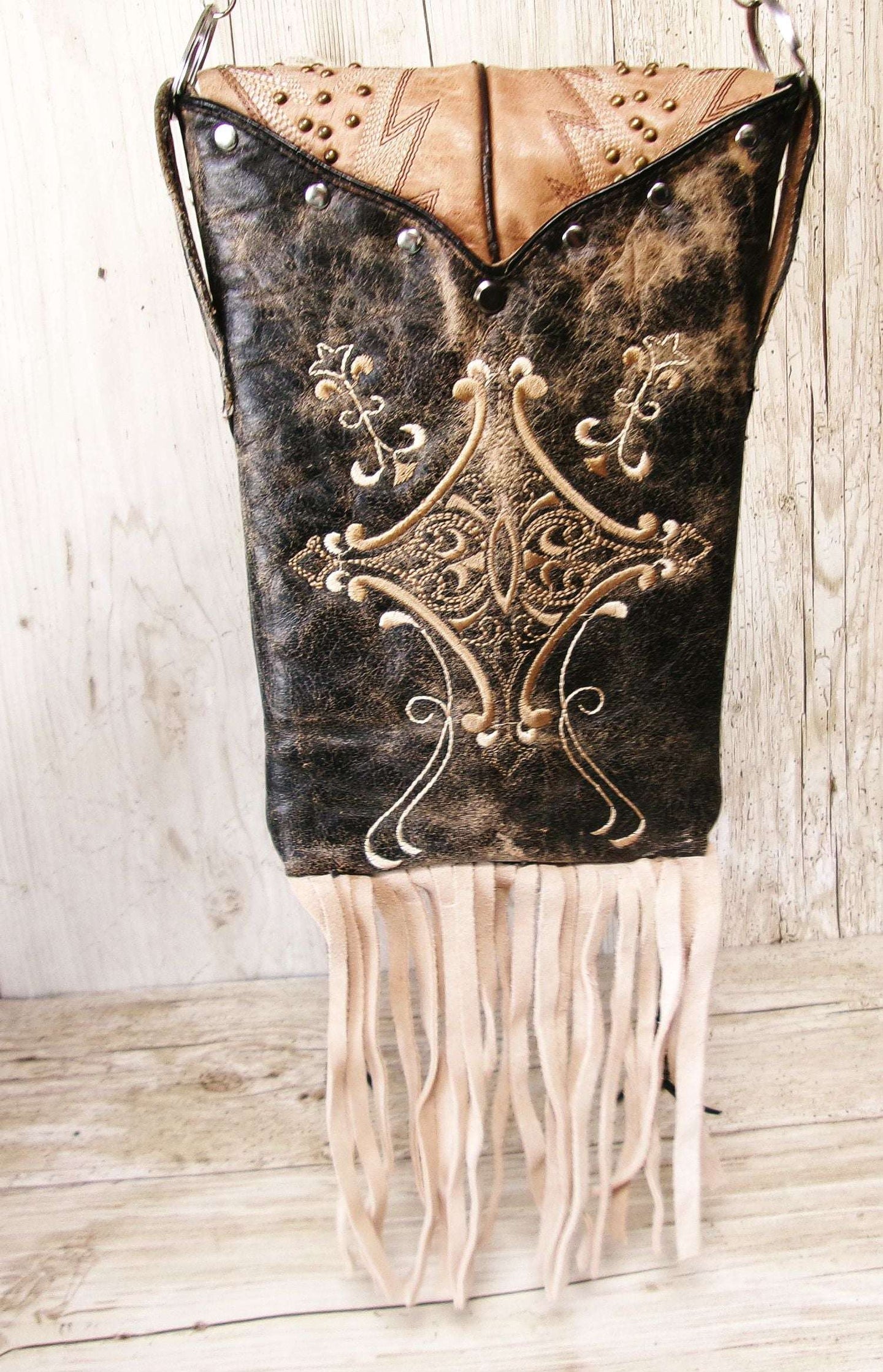 Cowboy Boot Crossbody Hipster Bag with Fringe HP1142 handcrafted from cowboy boots. Shop Handbags at ChrisThompsonBags.com and buy the best ["Crossbody","feathers","fringe","Hipster","Small"] at Chris Thompson Bags.