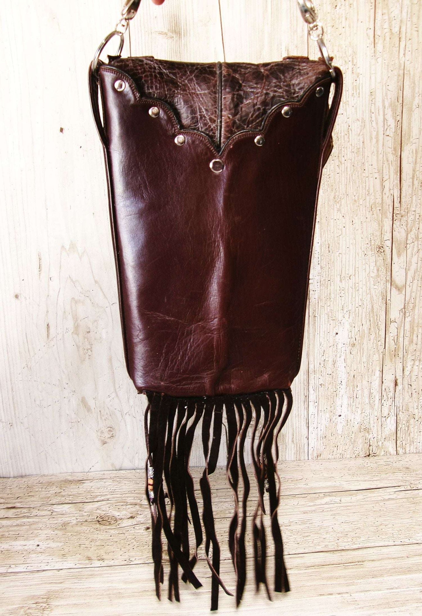Cowboy Boot Crossbody Hipster Bag with Fringe HP1143 handcrafted from cowboy boots. Shop Handbags at ChrisThompsonBags.com and buy the best ["Crossbody","feathers","fringe","Hipster","Small"] at Chris Thompson Bags.