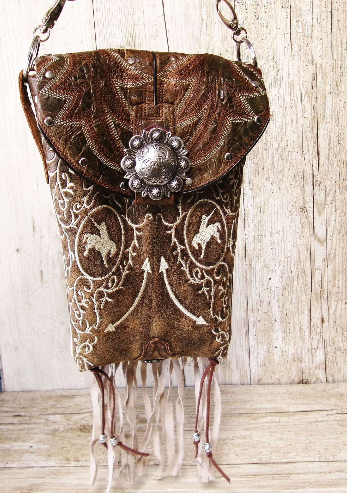 Cowboy Boot Crossbody Hipster Bag with Fringe HP1145 handcrafted from cowboy boots. Shop Handbags at ChrisThompsonBags.com and buy the best ["Crossbody","fringe","Hipster","horses","Small"] at Chris Thompson Bags.