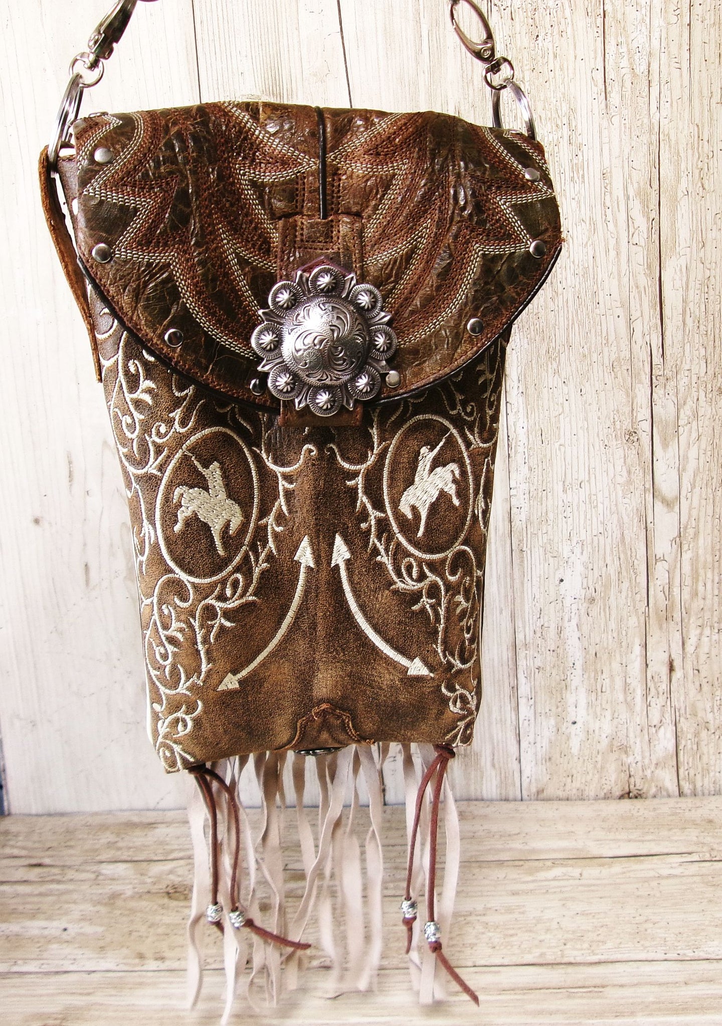 Cowboy Boot Crossbody Hipster Bag with Fringe HP1145 handcrafted from cowboy boots. Shop Handbags at ChrisThompsonBags.com and buy the best ["Crossbody","fringe","Hipster","horses","Small"] at Chris Thompson Bags.