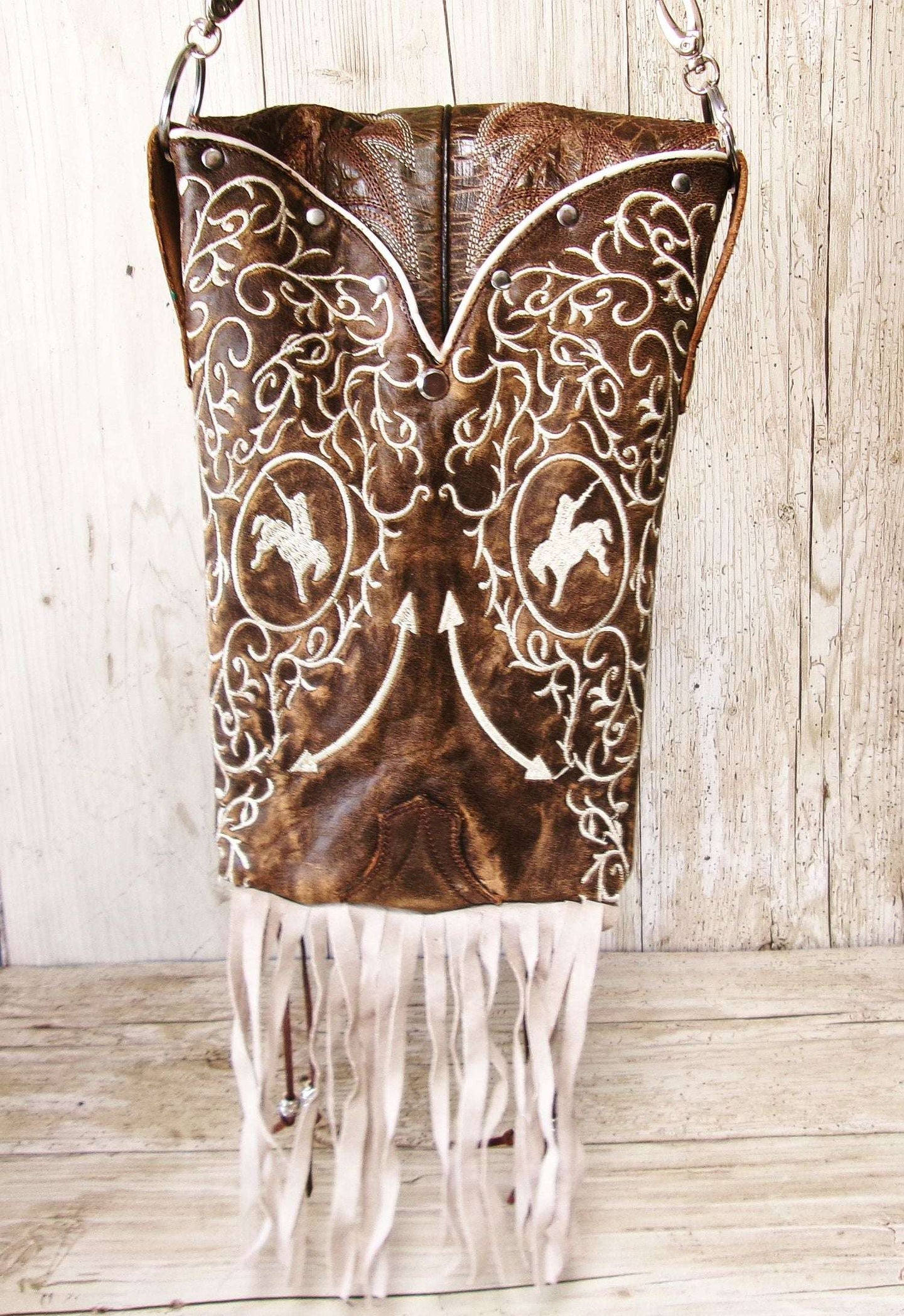 Cowboy Boot Crossbody Hipster Bag with Fringe HP1145 handcrafted from cowboy boots. Shop Handbags at ChrisThompsonBags.com and buy the best ["Crossbody","fringe","Hipster","horses","Small"] at Chris Thompson Bags.