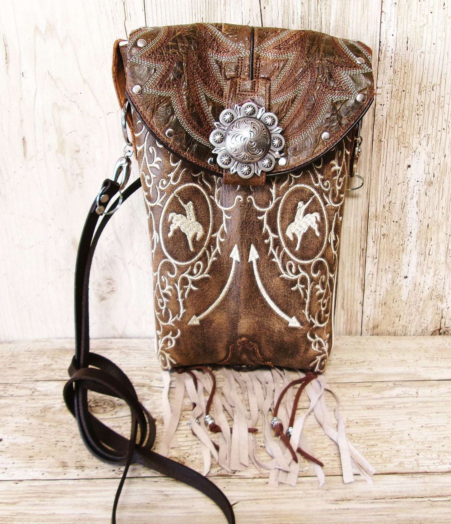 Cowboy Boot Crossbody Hipster Bag with Fringe HP1145 handcrafted from cowboy boots. Shop Handbags at ChrisThompsonBags.com and buy the best ["Crossbody","fringe","Hipster","horses","Small"] at Chris Thompson Bags.
