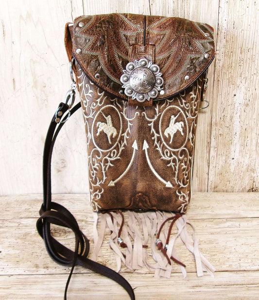 Cowboy Boot Crossbody Hipster Bag with Fringe HP1145 handcrafted from cowboy boots. Shop Handbags at ChrisThompsonBags.com and buy the best ["Crossbody","fringe","Hipster","horses","Small"] at Chris Thompson Bags.