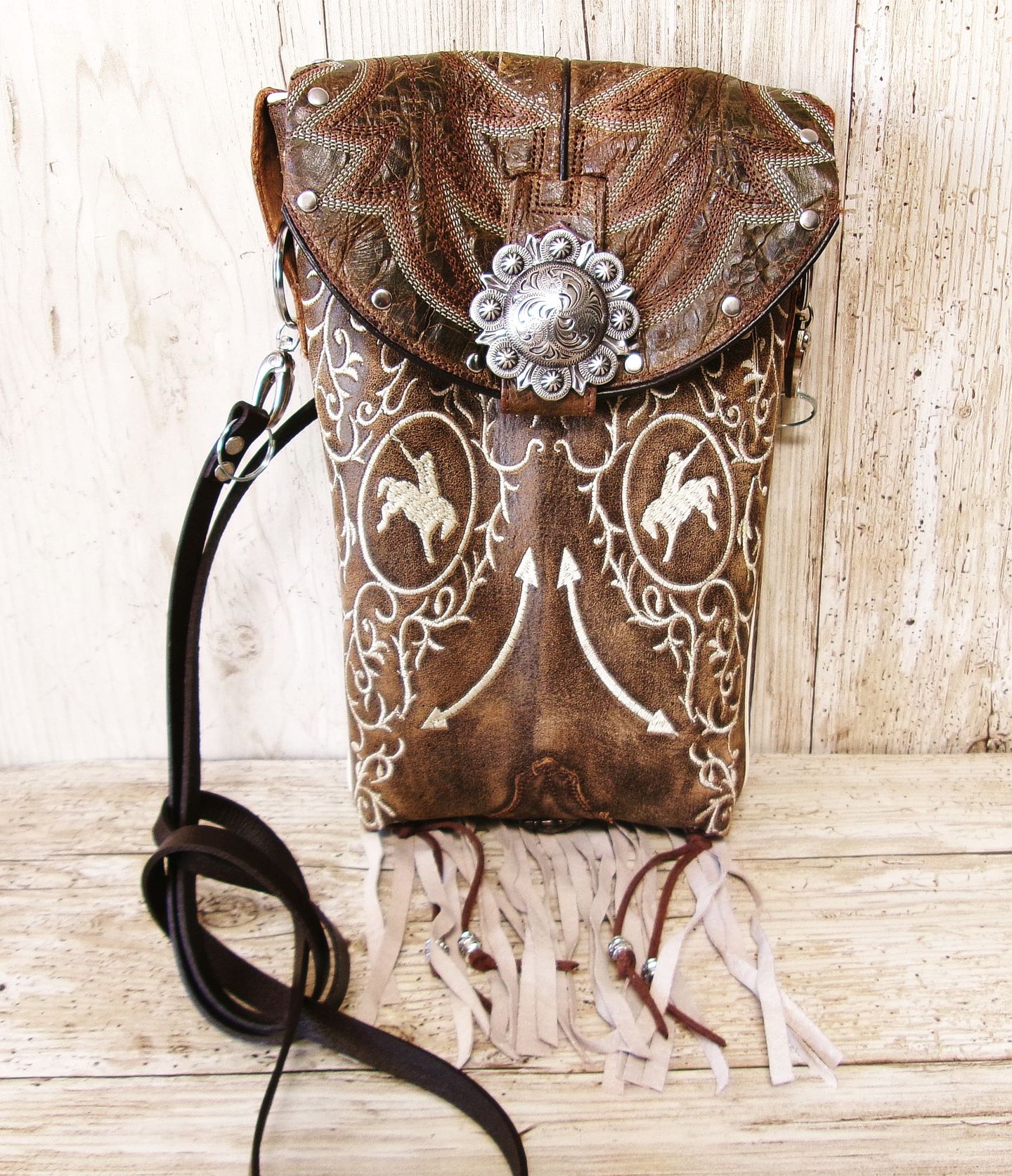 Cowboy Boot Crossbody Hipster Bag with Fringe HP1145 handcrafted from cowboy boots. Shop Handbags at ChrisThompsonBags.com and buy the best ["Crossbody","fringe","Hipster","horses","Small"] at Chris Thompson Bags.