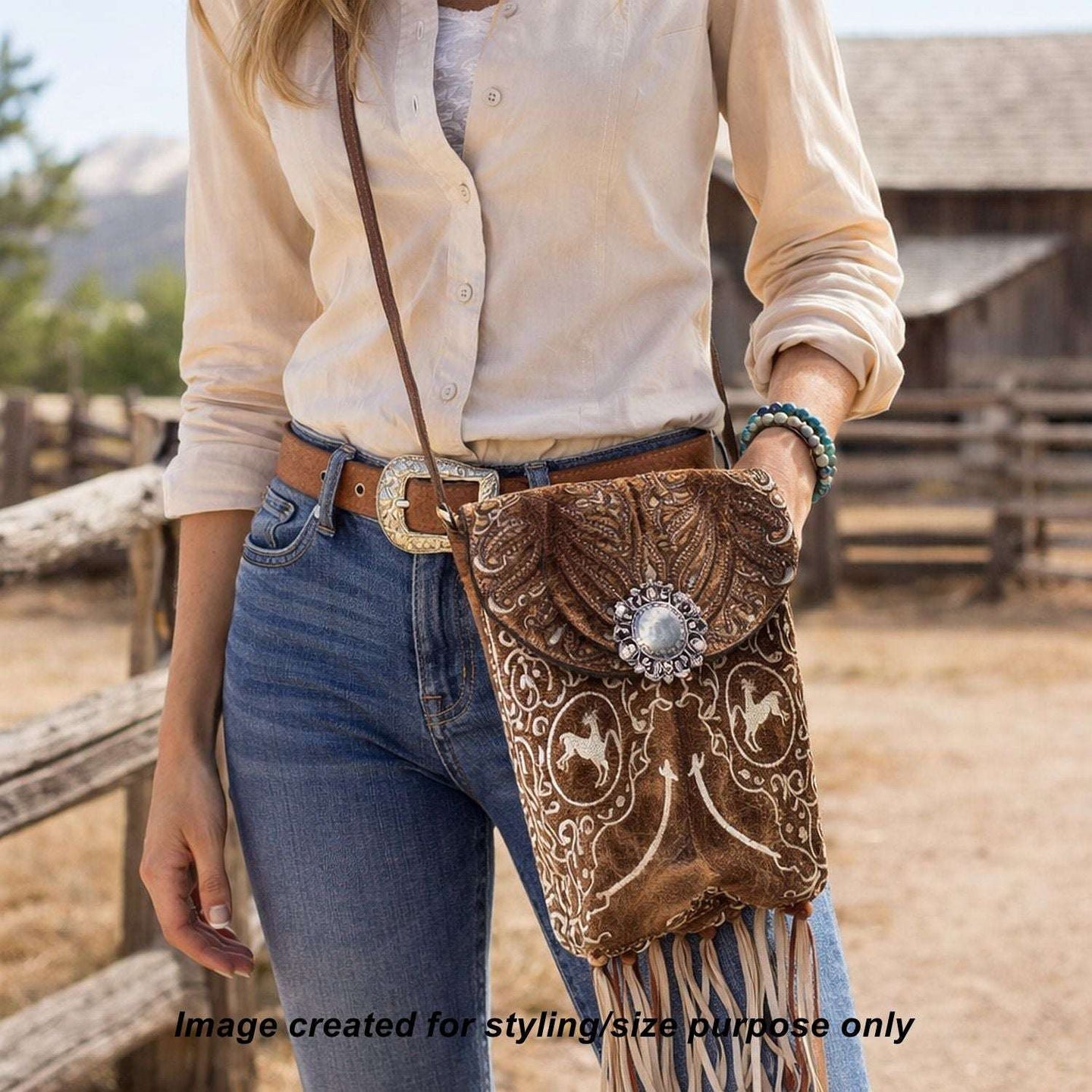 Cowboy Boot Crossbody Hipster Bag with Fringe HP1145 handcrafted from cowboy boots. Shop Handbags at ChrisThompsonBags.com and buy the best ["Crossbody","fringe","Hipster","horses","Small"] at Chris Thompson Bags.