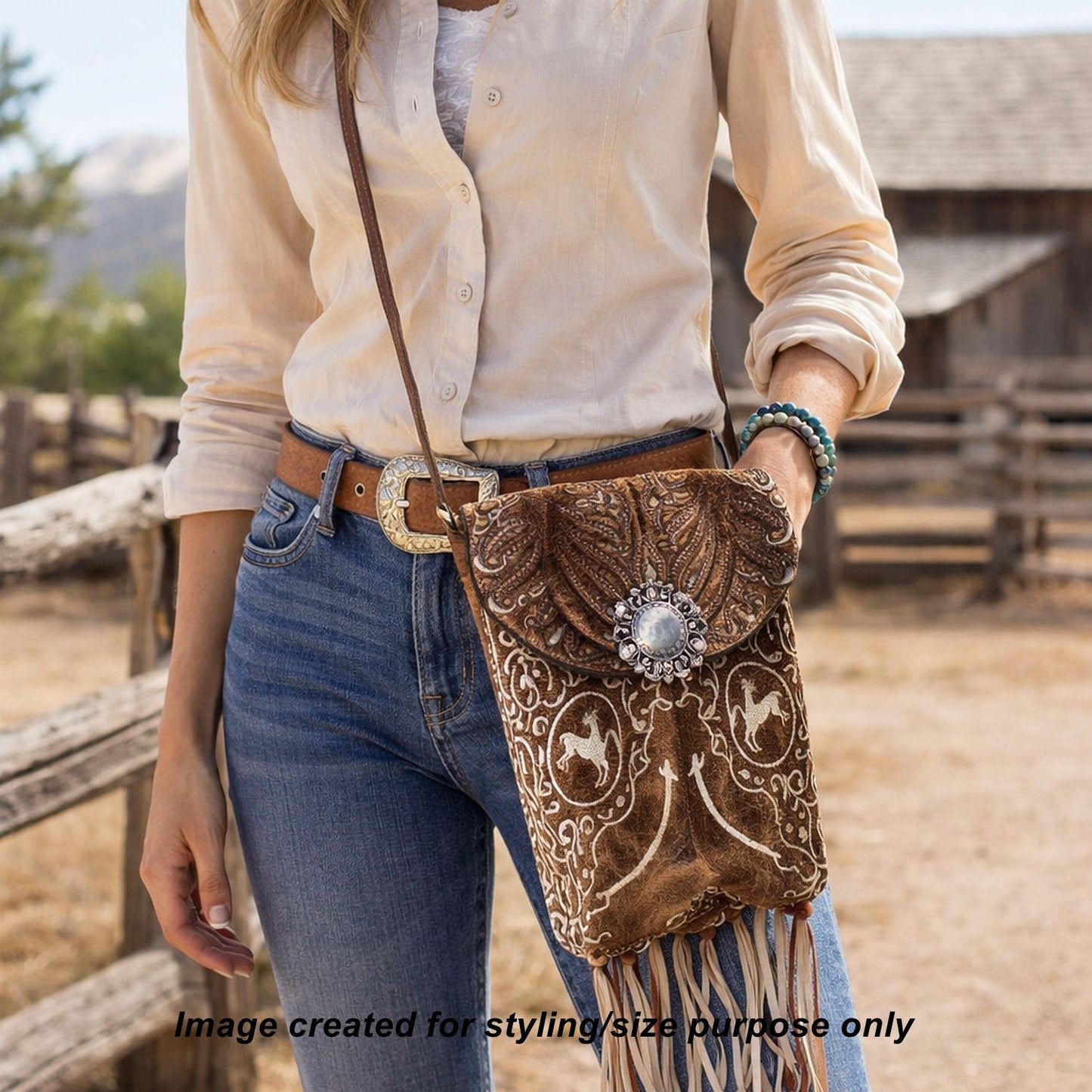 Cowboy Boot Crossbody Hipster Bag with Fringe HP1145 handcrafted from cowboy boots. Shop Handbags at ChrisThompsonBags.com and buy the best ["Crossbody","fringe","Hipster","horses","Small"] at Chris Thompson Bags.