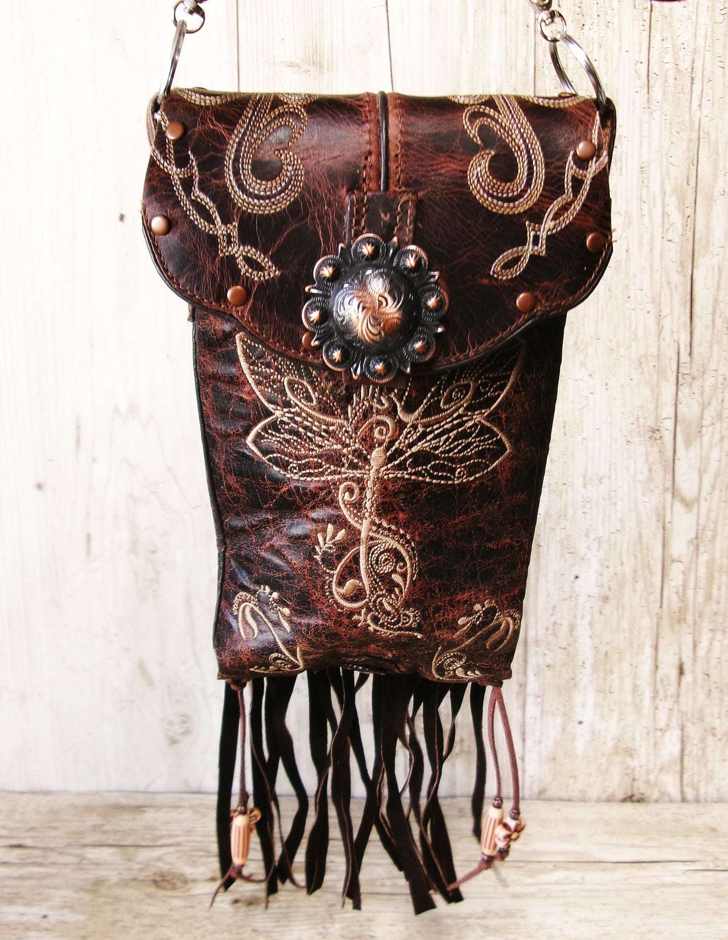 Cowboy Boot Crossbody Hipster Bag with Fringe HP1148 handcrafted from cowboy boots. Shop Handbags at ChrisThompsonBags.com and buy the best ["Crossbody","dragonfly","fringe","Hipster","Small"] at Chris Thompson Bags.