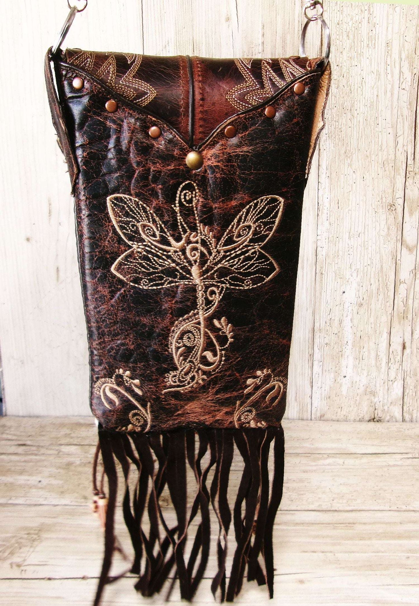 Cowboy Boot Crossbody Hipster Bag with Fringe HP1148 handcrafted from cowboy boots. Shop Handbags at ChrisThompsonBags.com and buy the best ["Crossbody","dragonfly","fringe","Hipster","Small"] at Chris Thompson Bags.