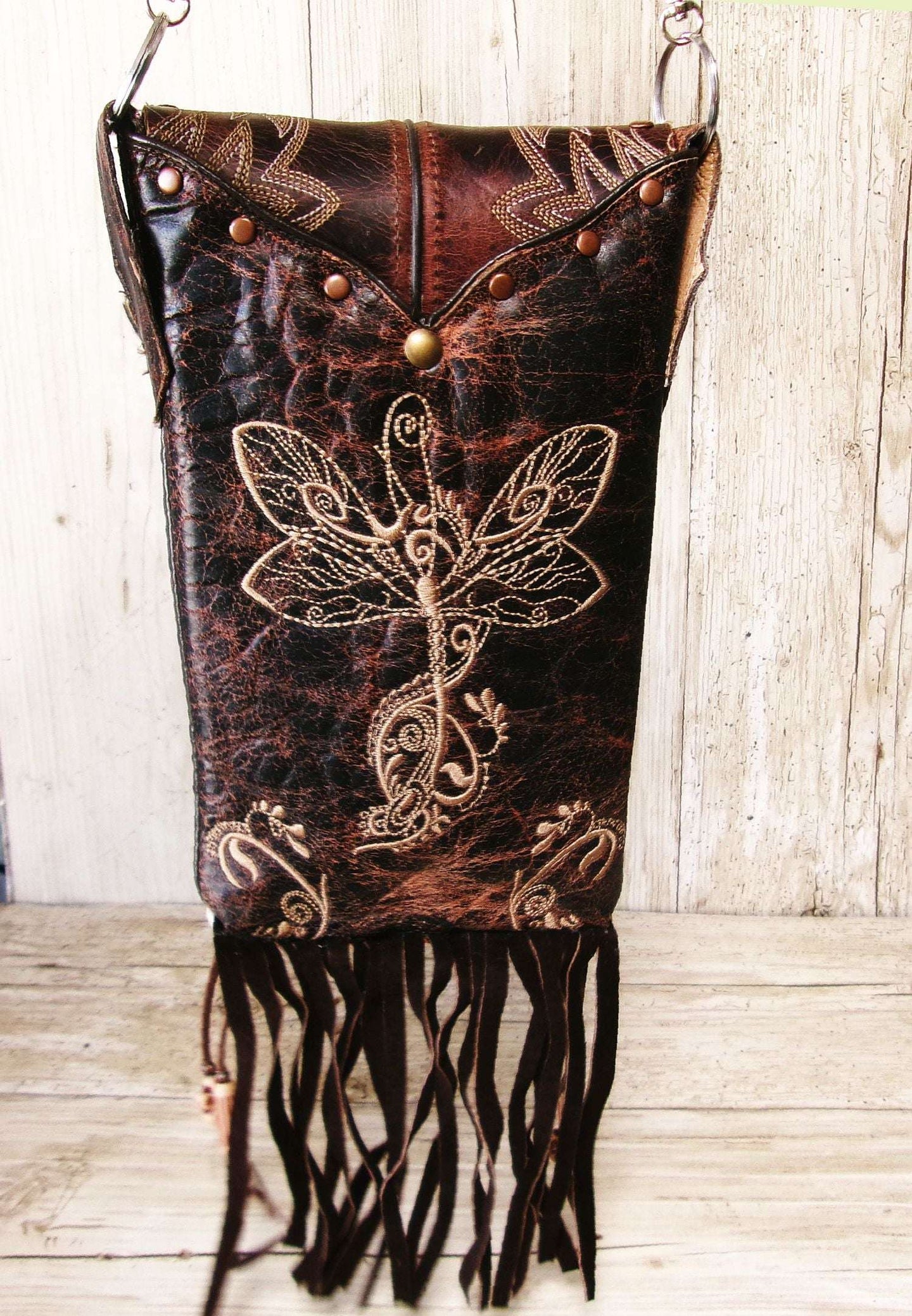 Cowboy Boot Crossbody Hipster Bag with Fringe HP1148 handcrafted from cowboy boots. Shop Handbags at ChrisThompsonBags.com and buy the best ["Crossbody","dragonfly","fringe","Hipster","Small"] at Chris Thompson Bags.