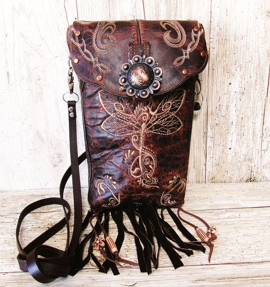 leather handbag with dragonfly design