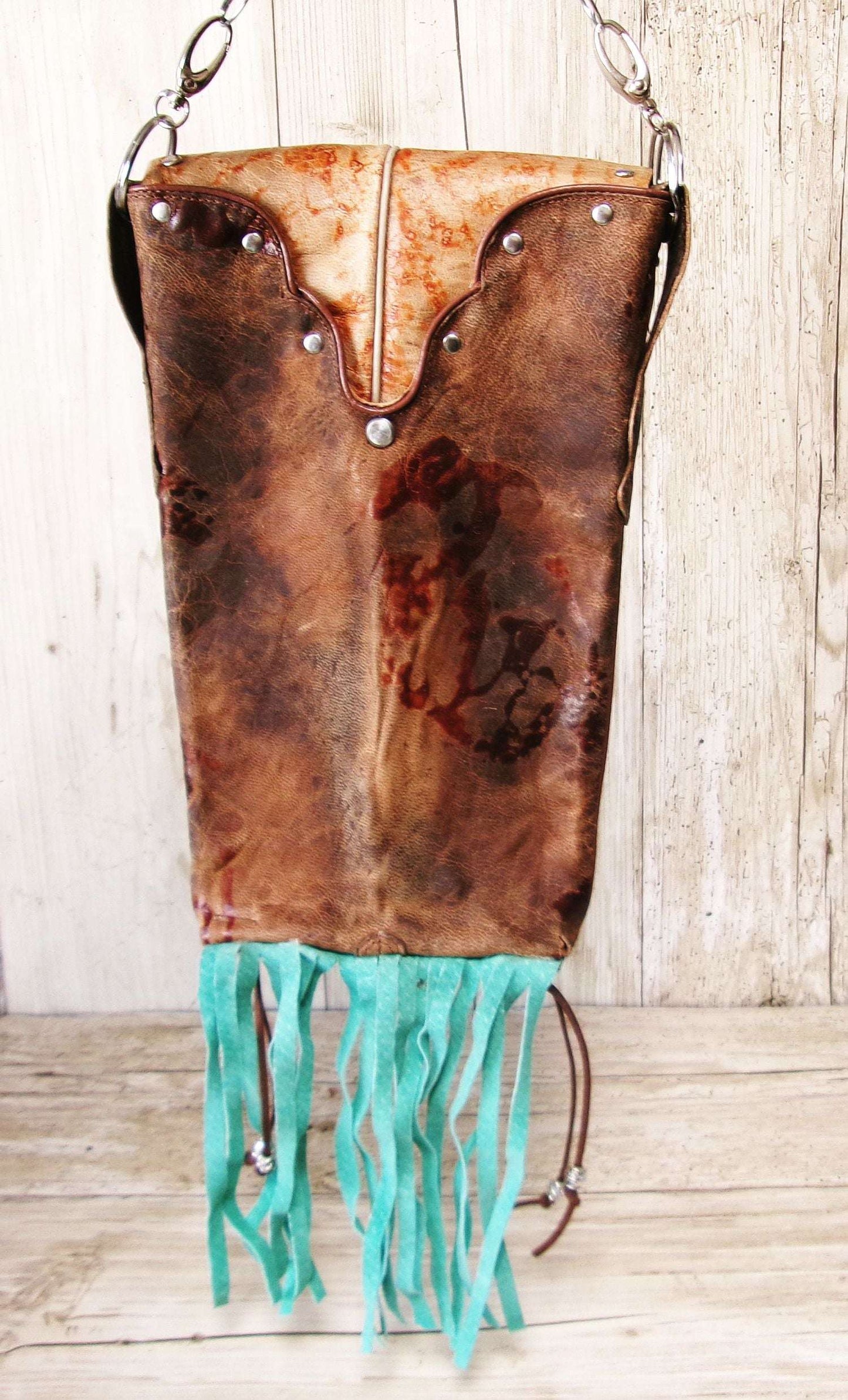 Cowboy Boot Crossbody Hipster Bag with Fringe HP1149 handcrafted from cowboy boots. Shop Handbags at ChrisThompsonBags.com and buy the best ["Crossbody","fringe","Hipster","Small","Turquoise"] at Chris Thompson Bags.