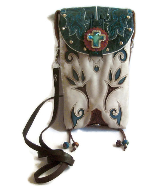 Decorative pouch with intricate patterns and a cross emblem on a white background