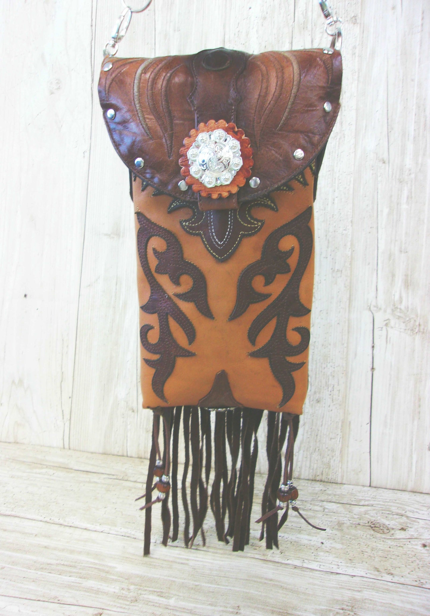 Cowboy Boot Crossbody Fringe Hipster Bag HP902 handcrafted from cowboy boots. Shop all unique leather western handbags, purses and totes at Chris Thompson Bags