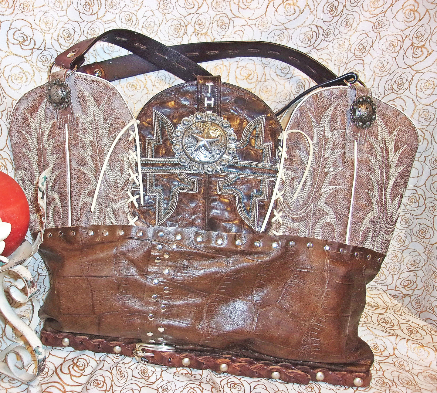 Cowboy Boot Laptop Tote LT23 handcrafted from cowboy boots. Shop Handbags at ChrisThompsonBags.com and buy the best boot purse, cowboy boot purse, cowgirl handbag, leather laptop tote, recycled cowboy boots, unique gift for her, unique gift for him, unique travel bag, western diaper bag, western laptop tote, western travel bag, XL cowboy Boot Purse, XL leather tote at Chris Thompson Bags.