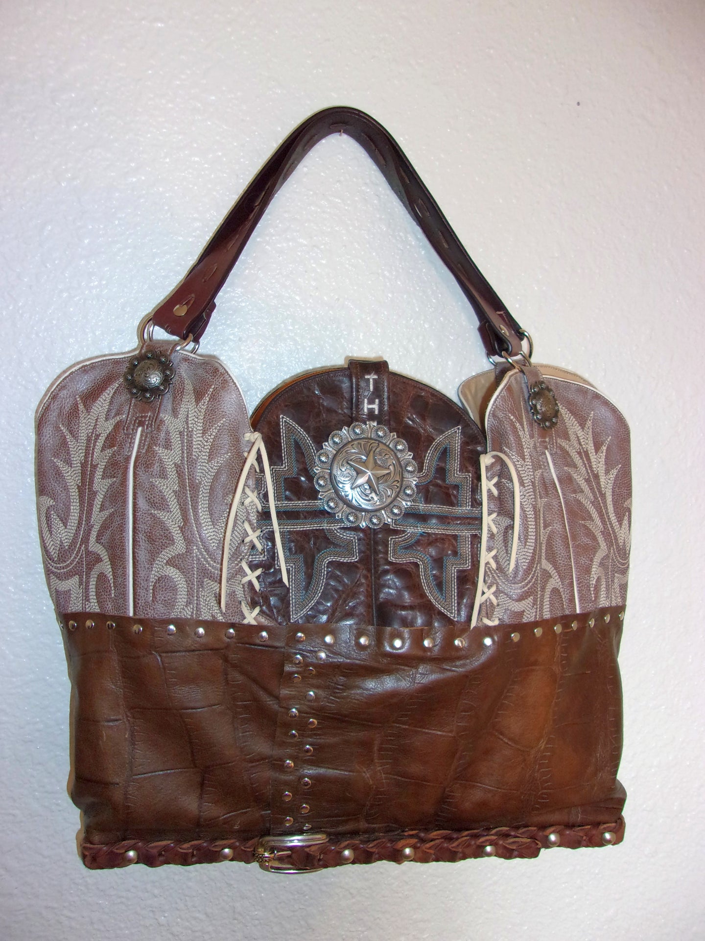 Cowboy Boot Laptop Tote LT23 handcrafted from cowboy boots. Shop Handbags at ChrisThompsonBags.com and buy the best boot purse, cowboy boot purse, cowgirl handbag, leather laptop tote, recycled cowboy boots, unique gift for her, unique gift for him, unique travel bag, western diaper bag, western laptop tote, western travel bag, XL cowboy Boot Purse, XL leather tote at Chris Thompson Bags.