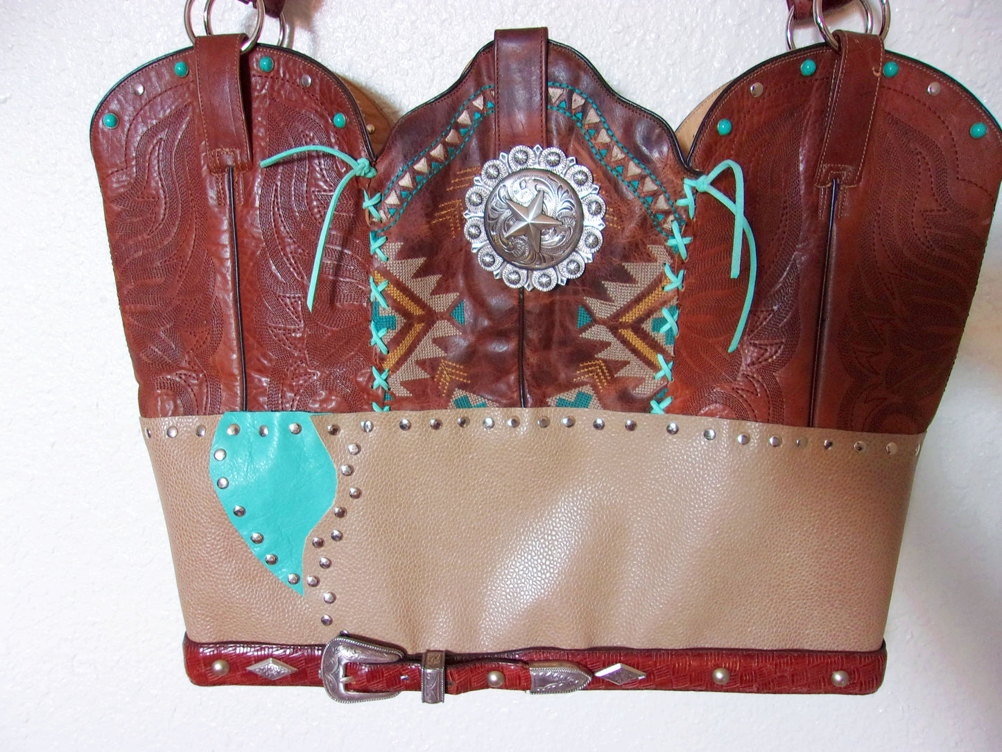 Cowboy Boot Laptop Tote LT31 handcrafted from cowboy boots. Shop Handbags at ChrisThompsonBags.com and buy the best boot purse, cowboy boot purse, cowgirl handbag, leather laptop tote, recycled cowboy boots, unique gift for her, unique gift for him, unique travel bag, western diaper bag, western laptop tote, western travel bag, XL cowboy Boot Purse, XL leather tote at Chris Thompson Bags.