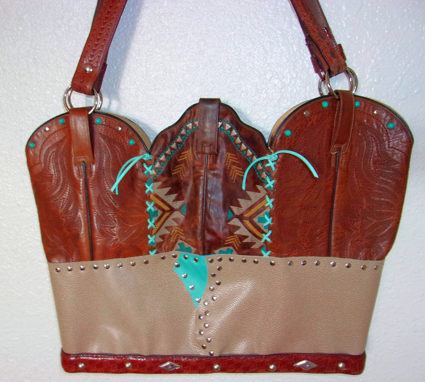 Cowboy Boot Laptop Tote LT31 handcrafted from cowboy boots. Shop Handbags at ChrisThompsonBags.com and buy the best boot purse, cowboy boot purse, cowgirl handbag, leather laptop tote, recycled cowboy boots, unique gift for her, unique gift for him, unique travel bag, western diaper bag, western laptop tote, western travel bag, XL cowboy Boot Purse, XL leather tote at Chris Thompson Bags.