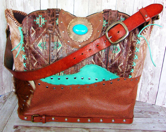 Cowboy Boot Laptop Tote LT41 handcrafted from cowboy boots. Shop Luggage & Bags at ChrisThompsonBags.com and buy the best boot purse, cowboy boot purse, cowgirl handbag, leather laptop tote, recycled cowboy boots, unique gift for her, unique gift for him, unique travel bag, western diaper bag, western laptop tote, western travel bag, XL cowboy Boot Purse, XL leather tote at Chris Thompson Bags.