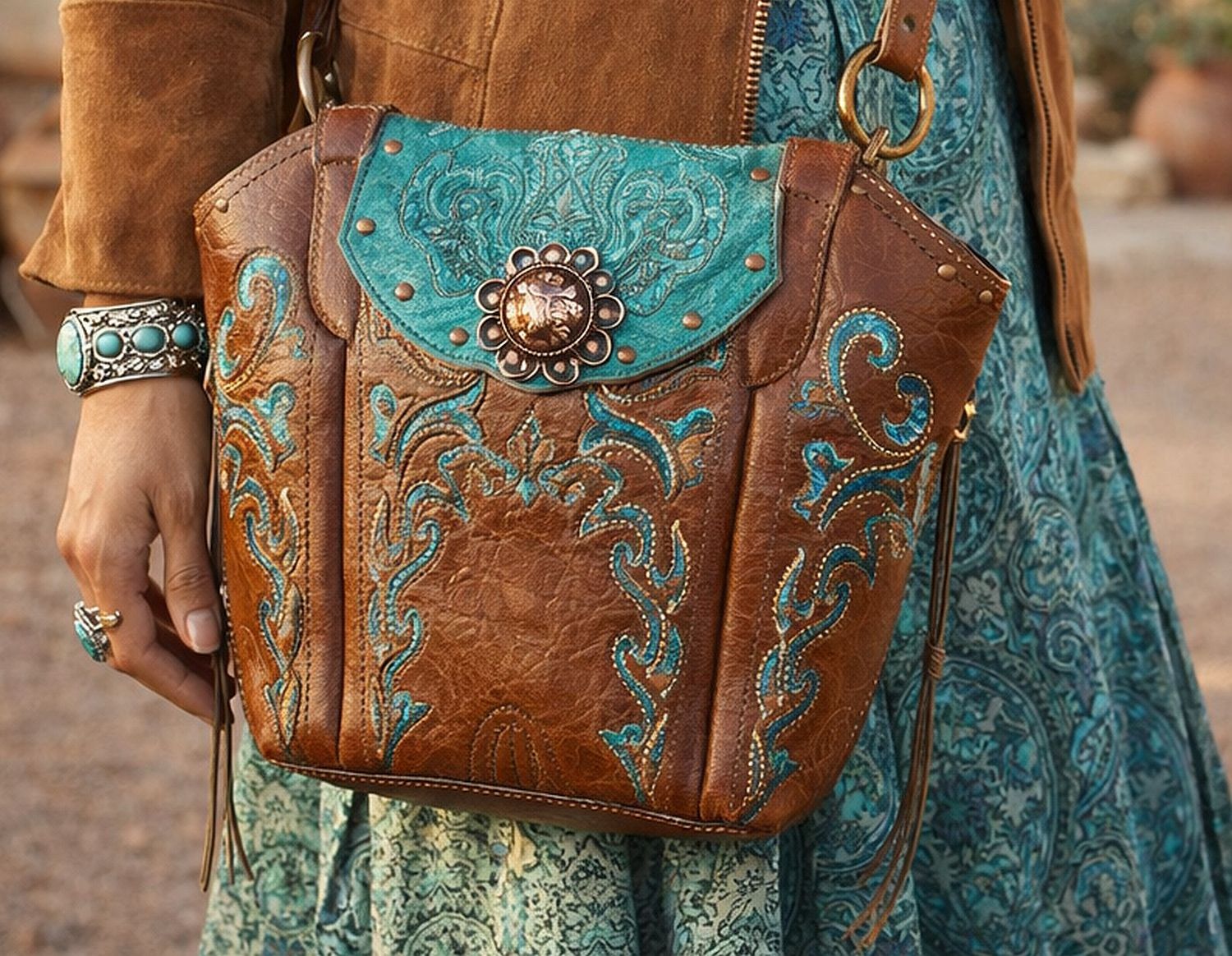 Brown and turquoise handbag with intricate designs held by a person wearing a green dress.