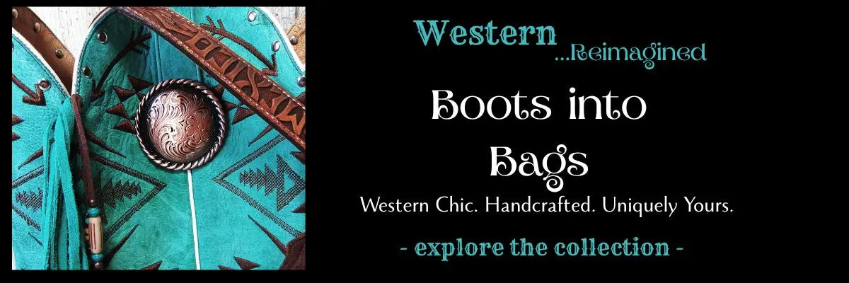 Promotional banner for 'Western Reimagined' boots into bags with a turquoise bag and text.