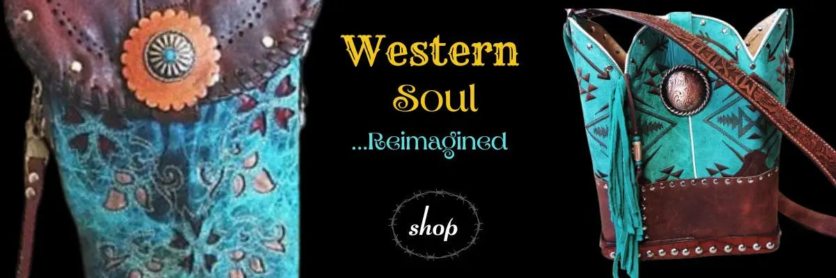 banner of chris thompson bags showing one of a kind bags handcrafted from cowboy boots and a turquoise leather cowboy boot purse with fringe