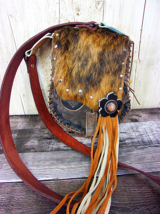 Hand-Painted Boho Bag P01 handcrafted from cowboy boots. Shop Handbags at ChrisThompsonBags.com and buy the best boho purse, boot purse, boot top purse, Country Chic, country fashion, cowboy boot lover, cowboy boot purse, cowboy boot purses, Cowgirl Chic, cowgirl gift, cowgirl hippie bag, cowgirl style, cowhide purse, hair on hide purse, purse with fringe, unique gift for her at Chris Thompson Bags.