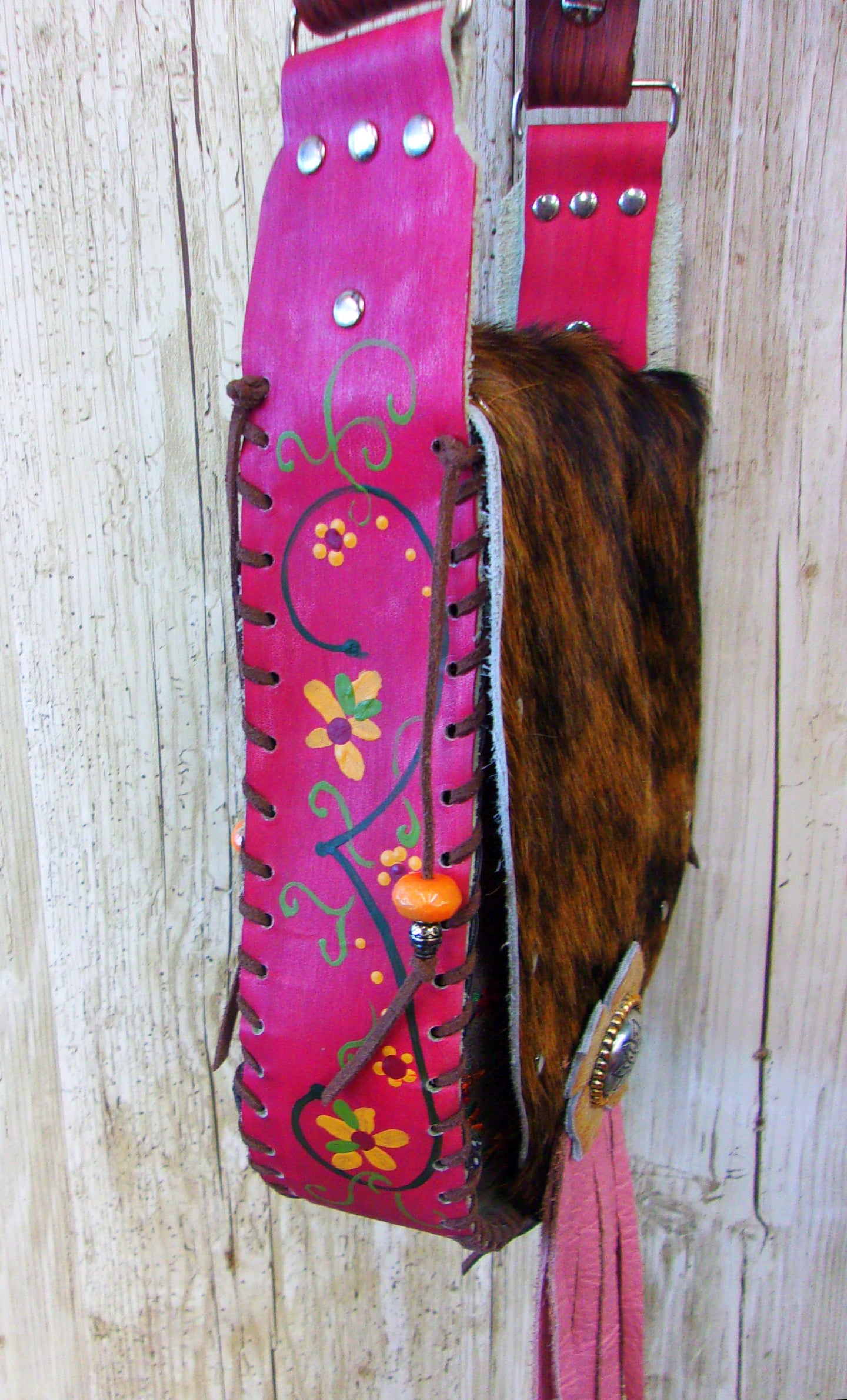 Hand-Painted Boho Bag P03 handcrafted from cowboy boots. Shop Handbags at ChrisThompsonBags.com and buy the best boho purse, boot purse, boot top purse, Country Chic, country fashion, cowboy boot lover, cowboy boot purse, cowboy boot purses, Cowgirl Chic, cowgirl gift, cowgirl hippie bag, cowgirl style, cowhide purse, hair on hide purse, purse with fringe, unique gift for her at Chris Thompson Bags.