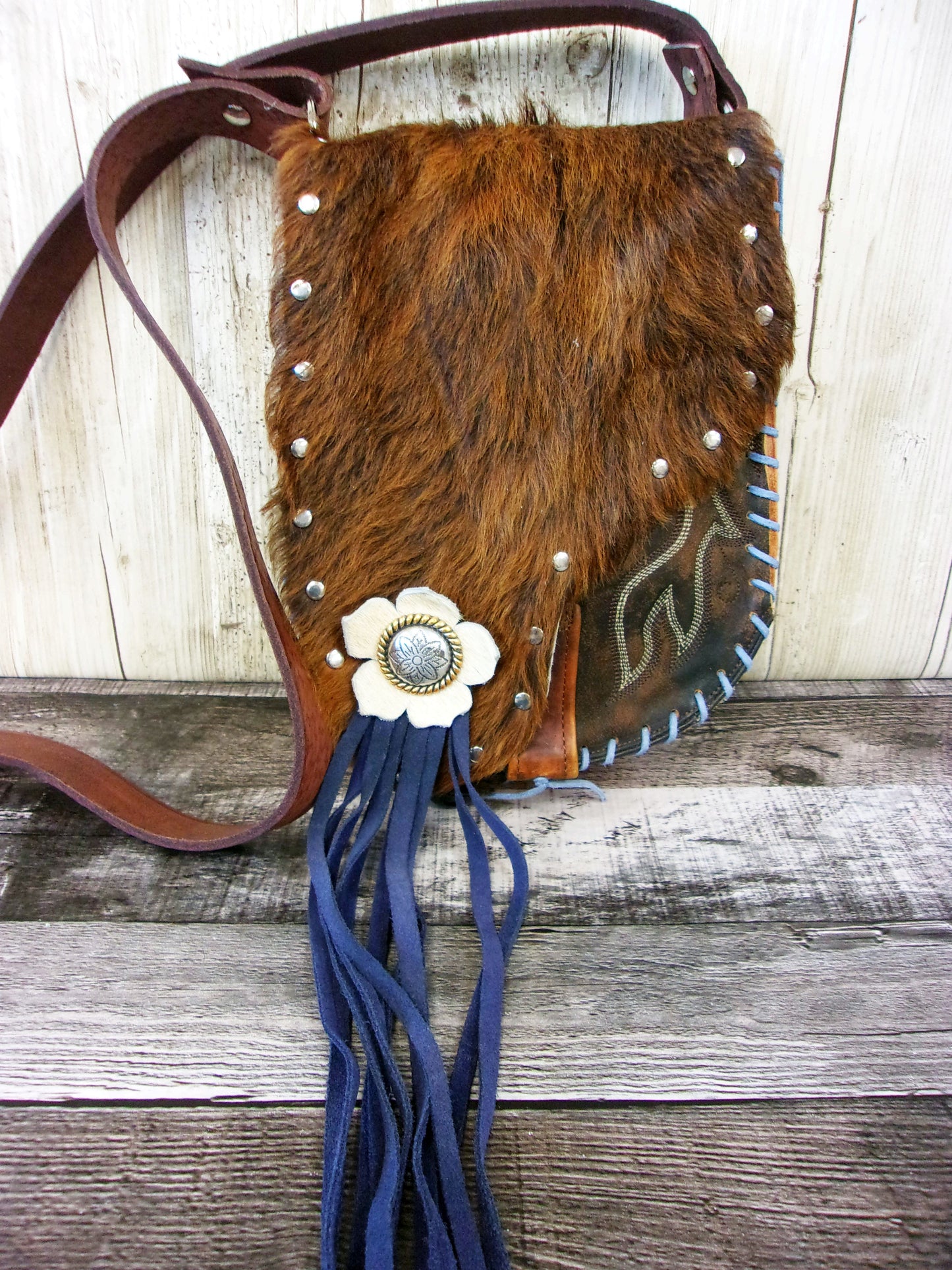 Hand-Painted Boho Bag P08 handcrafted from cowboy boots. Shop Handbags at ChrisThompsonBags.com and buy the best boho purse, boot purse, boot top purse, Country Chic, country fashion, cowboy boot lover, cowboy boot purse, cowboy boot purses, Cowgirl Chic, cowgirl gift, cowgirl hippie bag, cowgirl style, cowhide purse, hair on hide purse, purse with fringe, unique gift for her at Chris Thompson Bags.