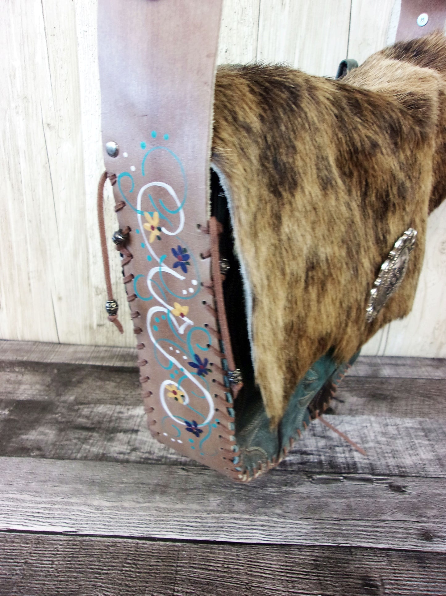 Hand-Painted Boho Bag P010 handcrafted from cowboy boots. Shop Handbags at ChrisThompsonBags.com and buy the best boho purse, boot purse, boot top purse, Country Chic, country fashion, cowboy boot lover, cowboy boot purse, cowboy boot purses, Cowgirl Chic, cowgirl gift, cowgirl hippie bag, cowgirl style, cowhide purse, hair on hide purse, purse with fringe, unique gift for her at Chris Thompson Bags.