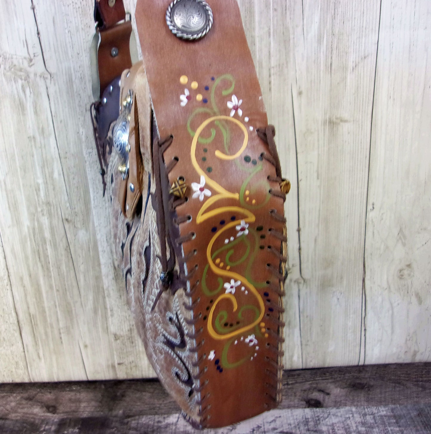 Hand-Painted Boho Bag P013 handcrafted from cowboy boots. Shop Handbags at ChrisThompsonBags.com and buy the best boho purse, boot purse, boot top purse, Country Chic, country fashion, cowboy boot lover, cowboy boot purse, cowboy boot purses, Cowgirl Chic, cowgirl gift, cowgirl hippie bag, cowgirl style, cowhide purse, hair on hide purse, purse with fringe, unique gift for her at Chris Thompson Bags.