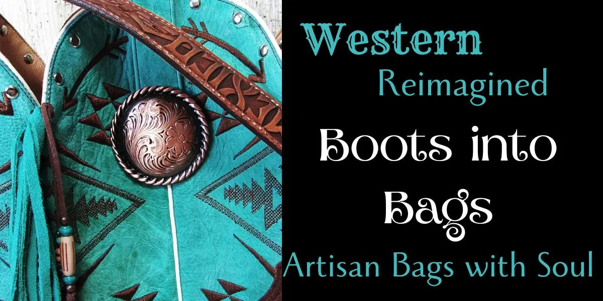 Teal bag with decorative patterns and a brown leather strap, featuring text about 'Western Reimagined' bags.