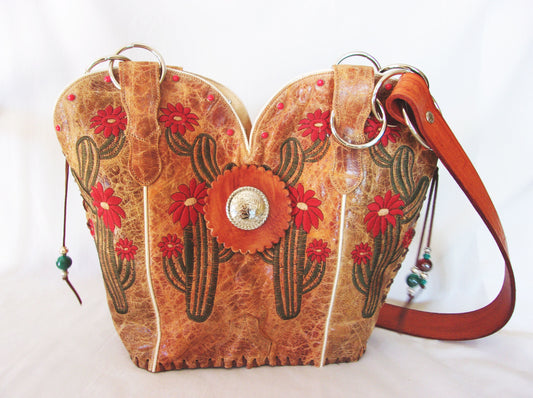 Unique leather bag with cactus blooming handmade from upcrafted cowboy boot