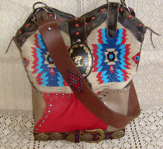 Decorative horse bridle with intricate patterns and red accents on a textured background